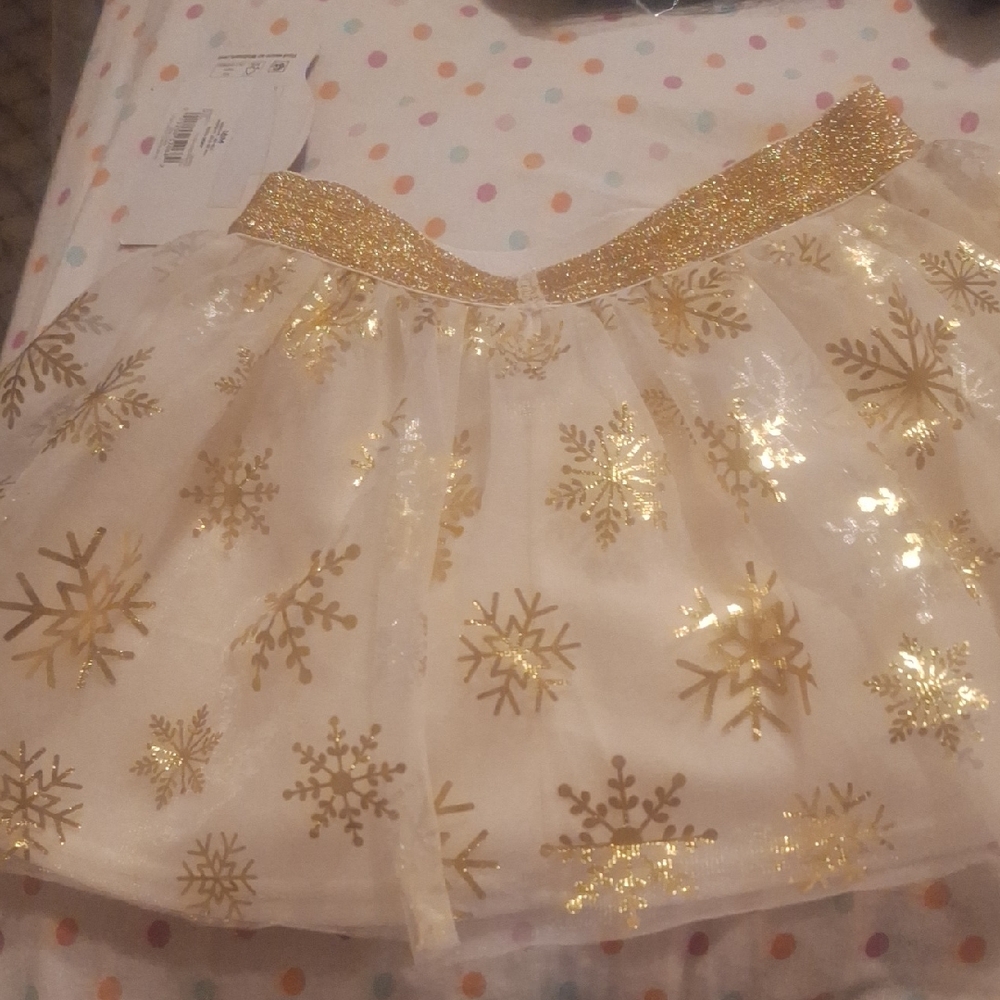 Holiday Time Gold and White Snowflake Tulle Skirt